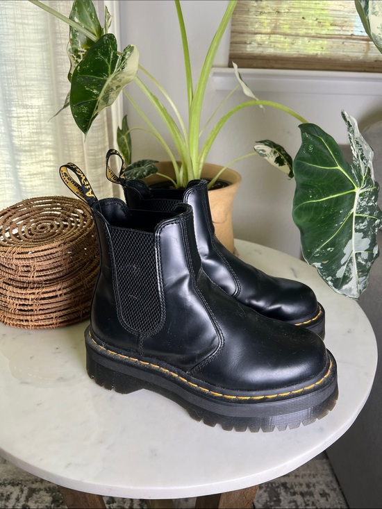 Dr. Martens Shoes - Dr. Martens Black Leather Chelsea Combat Boots with Yellow Stitching